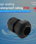 Close-up of Waterproof Adjustable Cable Gland Set PG9 4 To 8mm Connectors with Gaskets, highlighting IP68 waterproof rating.