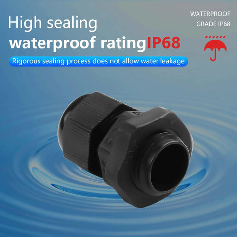 Close-up of Waterproof Adjustable Cable Gland Set PG9 4 To 8mm Connectors with Gaskets, highlighting IP68 waterproof rating.