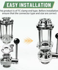 Sanitary 1.5-inch tri-clamp fitting, 304 stainless steel with silicone gasket, shown in two views.
