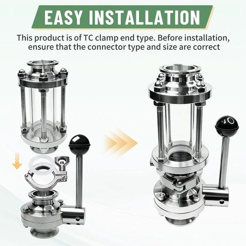 Sanitary 1.5-inch tri-clamp fitting, 304 stainless steel with silicone gasket, shown in two views.