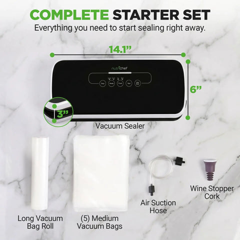 Automatic Vacuum Sealer For Food Storage With Starter Kit And Quick Start Guide Compact Kitchen Gadget includes vacuum sealer, bags, and hose