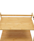 Top Shelf Heavy Duty Double Tier Microwave Stand With Cutting Board Holder And Four Utensil Hooks For Countertop Storage Kitchen Organization No Sweat Setup, bamboo top view.