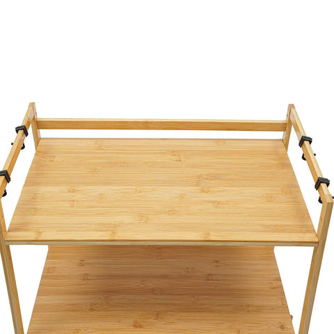 Top Shelf Heavy Duty Double Tier Microwave Stand With Cutting Board Holder And Four Utensil Hooks For Countertop Storage Kitchen Organization No Sweat Setup, bamboo top view.
