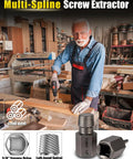 Man using 36 Piece Screw And Bolt Extractor Kit 3 In 1 Easy Out Set in workshop with various extractor components shown.