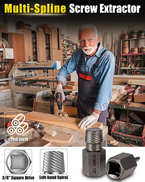 Man using 36 Piece Screw And Bolt Extractor Kit 3 In 1 Easy Out Set in workshop with various extractor components shown.