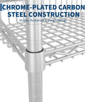 Close-up of chrome-plated carbon steel construction of 4 Tier Adjustable Wire Shelving Rack Built Tough As Nails For Ridiculously Sturdy Versatile Indoor Storage And Game Changing Heavy Duty Load Bearing Power.
