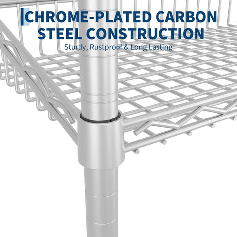 Close-up of chrome-plated carbon steel construction of 4 Tier Adjustable Wire Shelving Rack Built Tough As Nails For Ridiculously Sturdy Versatile Indoor Storage And Game Changing Heavy Duty Load Bearing Power.