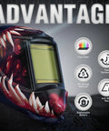 Boss Level Auto Darkening Welding Helmet With Blue Light Blocking Shield featuring teeth graphic and icons for features