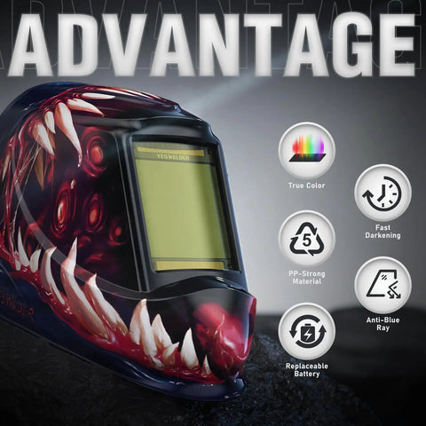 Boss Level Auto Darkening Welding Helmet With Blue Light Blocking Shield featuring teeth graphic and icons for features