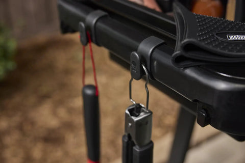 3 Pack Rail Mounted Grill Tool Hooks for Hanging Spatulas Tongs Brushes on Side Rails with BBQ tools hanging securely