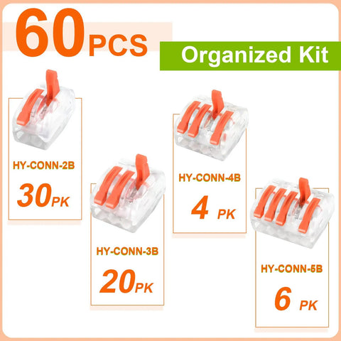 60 Piece Lever Wire Connector Kit With 2 3 4 5 Port Push In Quick Connectors For Solid And Stranded Copper Wires AWG 28 To 12