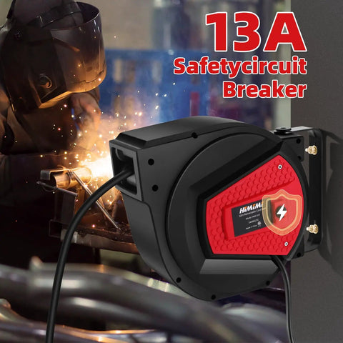 Retractable Extension Cord Reel 50 Feet 14 AWG 3 Conductor Power Cord, black and red wall-mount, with 13A circuit breaker
