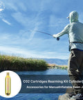 Angler fishing in a river with inflatable life jacket discussing 24 Gram CO2 Cartridge Rearming Kit For Inflatable Life Jackets Refill Kit For Automatic And Manual Vests Half Inch Threaded Cylinders Includes D Rings For Quick Attachment And Rapid Inflation shown on image inset.