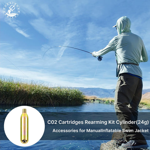Angler fishing in a river with inflatable life jacket discussing 24 Gram CO2 Cartridge Rearming Kit For Inflatable Life Jackets Refill Kit For Automatic And Manual Vests Half Inch Threaded Cylinders Includes D Rings For Quick Attachment And Rapid Inflation shown on image inset.