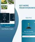 Hydrawise Pro HC 24 Station WiFi Smart Sprinkler Controller app interface displaying weather insights and setup options