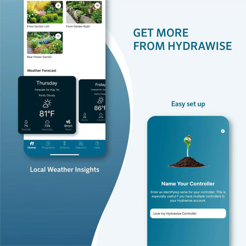 Hydrawise Pro HC 24 Station WiFi Smart Sprinkler Controller app interface displaying weather insights and setup options