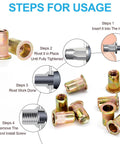 Rivet nuts set, zinc-plated carbon steel, 1/4-20 UNC, 100-piece kit; loose and installed rivet nuts.