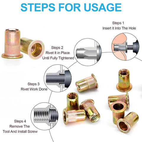 Rivet nuts set, zinc-plated carbon steel, 1/4-20 UNC, 100-piece kit; loose and installed rivet nuts.