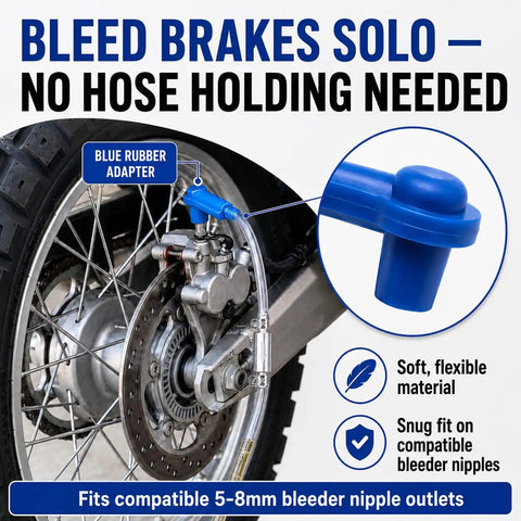 Two Pack Brake Bleeder Hose Kit For Cars And Motorcycles image showing blue rubber adapter on motorcycle wheel