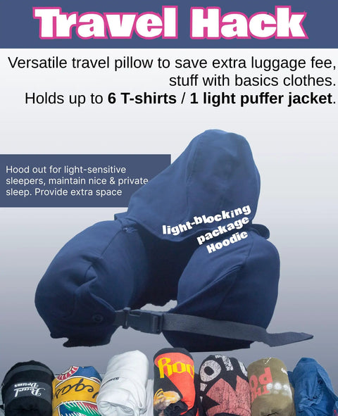 Travel Neck Pillow With Built In Two Way Hood And Stuffable Pocket Turns Pillow Into Extra Carry On Luggage Cotton Light Blocking Navy Lightweight Comfort For Long Hauls And Air Travel, navy hooded travel pillow