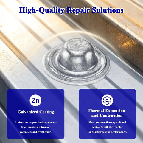 Heavy Duty Metal Roof Screw Caps 100 Pack Galvalume Rustproof Waterproof Covers on metal roof for leak protection.