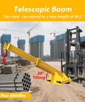 Heavy Duty Forklift Jib Boom Crane With Four Ton Capacity And Telescopic Boom Hook Hoist displaying extension and tilting capability.