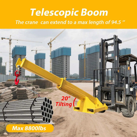 Heavy Duty Forklift Jib Boom Crane With Four Ton Capacity And Telescopic Boom Hook Hoist displaying extension and tilting capability.