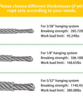 Image of different wire rope thicknesses and strengths for Vinyl Coated One Eighth Inch 304 Stainless Steel Wire Rope Kit With One Hundred Feet Of Seven By Seven Cable And Turnbuckles For Outdoor String Lights Hanging Tents Pergolas And Garden Decor Easy Install Durable