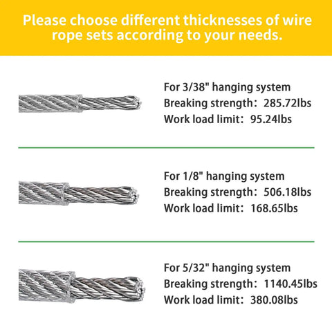 Image of different wire rope thicknesses and strengths for Vinyl Coated One Eighth Inch 304 Stainless Steel Wire Rope Kit With One Hundred Feet Of Seven By Seven Cable And Turnbuckles For Outdoor String Lights Hanging Tents Pergolas And Garden Decor Easy Install Durable