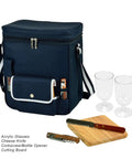 Grab The Goods Personalized Wine And Cheese Cooler Tote With Chill Insulation, includes two acrylic glasses, knife, corkscrew, and board.