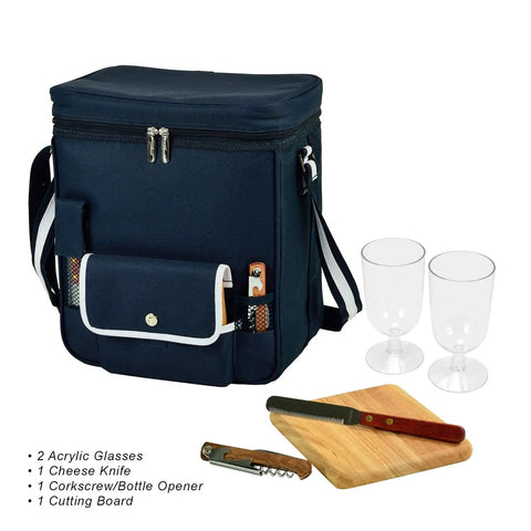 Grab The Goods Personalized Wine And Cheese Cooler Tote With Chill Insulation, includes two acrylic glasses, knife, corkscrew, and board.