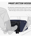 Underseat Luggage With Wheels Softside Carry On Spinner Bag Fourteen Point Five Inch Navy 28L shown sliding under seat