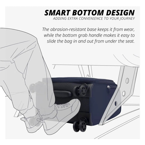 Underseat Luggage With Wheels Softside Carry On Spinner Bag Fourteen Point Five Inch Navy 28L shown sliding under seat