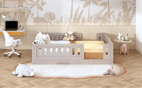 Full Size Wood Bed Frame With Safety Guardrail For Kids in cozy room with plush toys, showcasing kid-friendly design and play space