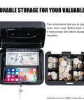 Open metal cash box with key lock and money tray, showing currency, phone, and coins, durable black, 7.87x6.30x3.35 inches.