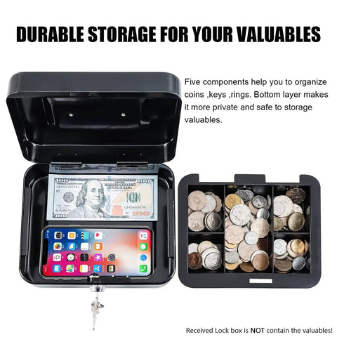 Open metal cash box with key lock and money tray, showing currency, phone, and coins, durable black, 7.87x6.30x3.35 inches.