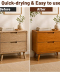 Before and after of a nightstand refinished with Water Based Wood Stain For Furniture Refinishing Non Toxic Low Odor Formula.