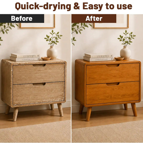 Before and after of a nightstand refinished with Water Based Wood Stain For Furniture Refinishing Non Toxic Low Odor Formula.