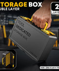 Double-layer storage box with yellow latches, size 246 x 160 x 70mm, labeled for tools. Hand holding the box.