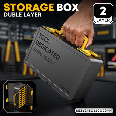 Double-layer storage box with yellow latches, size 246 x 160 x 70mm, labeled for tools. Hand holding the box.