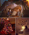 Solar Rope Lights 40 Ft 120 LEDs Multi Color Fairy Lights With 8 Modes for tent, Christmas tree, and wall decoration indoors.
