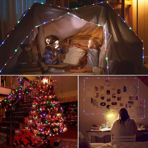 Solar Rope Lights 40 Ft 120 LEDs Multi Color Fairy Lights With 8 Modes for tent, Christmas tree, and wall decoration indoors.