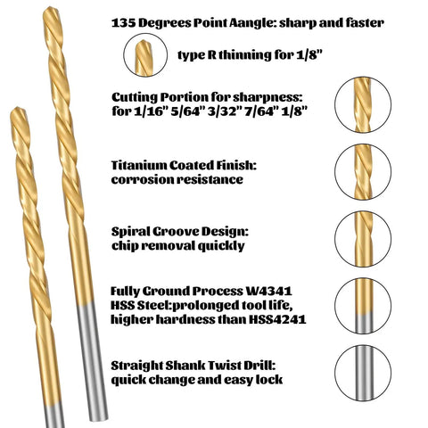 Rock Solid 60 Pc Fully Ground Micro Twist Bits Set Featuring Titanium Coating High Speed Steel For Precision Drilling In Hardwood Metal And Plastic Durable Tool Gear That Gets The Job Done Right Every Single Time, 1/8 inch HSS titanium twist drill bit