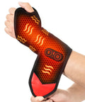 User wearing cordless wrist hand heating pad massage for carpal tunnel relief with 3000mAh battery and vibration, showing heat setting