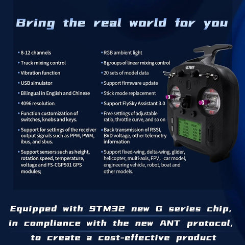 FS ST8 2.4GHz RC Transmitter With 10 Channels And FS SR8 Receiver product features and specifications display.
