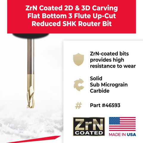 ZrN coated 2D 3D carving flat bottom 3 flute up-cut reduced shank router bit with USA flag and part number 46593