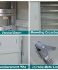 Heavy Duty Outdoor Metal Electrical Enclosure Junction Box Waterproof Floor Standing IP30 Coated Cold Rolled Steel Weatherproof Cabinet For Outdoor Use 120x60x40cm 47x24x16in Rust Resistant Easy Clean Surface Built Tough For The Elements, vertical beam and lock detail