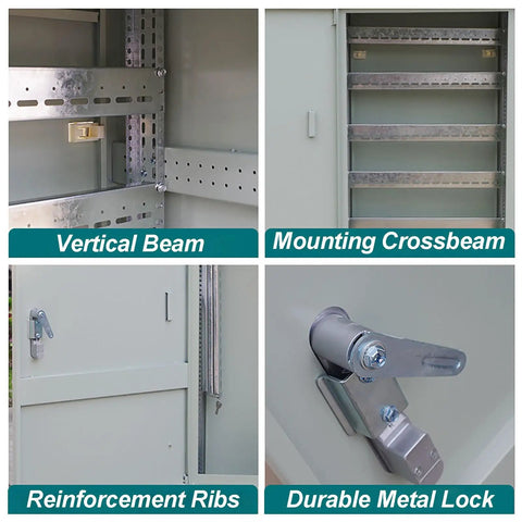 Heavy Duty Outdoor Metal Electrical Enclosure Junction Box Waterproof Floor Standing IP30 Coated Cold Rolled Steel Weatherproof Cabinet For Outdoor Use 120x60x40cm 47x24x16in Rust Resistant Easy Clean Surface Built Tough For The Elements, vertical beam and lock detail