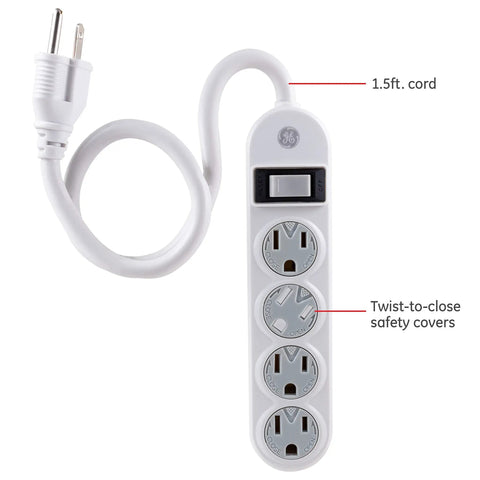 Four Outlet Power Strip With 1.5 Foot Extension Cord Twist To Lock Safety Covers Built In Circuit Breaker UL Listed White.