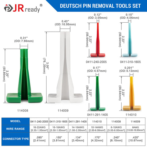 Deutsch Pin Removal Tool Kit For 4 8 12 16 20 Solid And Stamped Contacts 6 22 AWG; 12-piece color-coded tools, sizes detailed